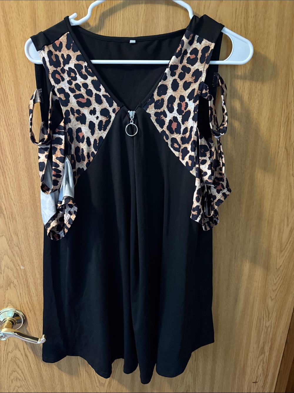 Black Cold-Shoulder Top with Leopard Trim